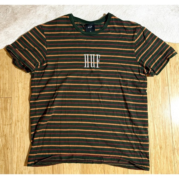 Huf Worldwide T Shirt Men's Size Medium Green Striped Short Sleeve Cotton Tee - Picture 3 of 5